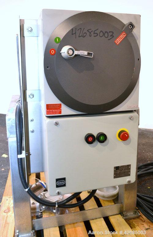 Used Probst & Class PUC Colloid Mill, Type K160/E, 316 Stainless Steel. Approximate 5’’ diameter chamber with a manually adjustable rotor and stator. 3-3/4’’ Threaded inlet and outlet. Driven by a 20...