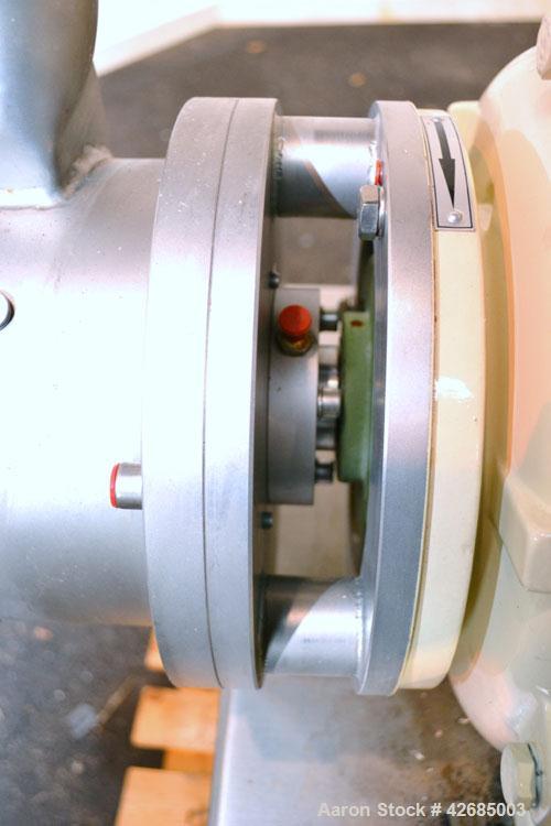 Used Probst & Class PUC Colloid Mill, Type K160/E, 316 Stainless Steel. Approximate 5’’ diameter chamber with a manually adjustable rotor and stator. 3-3/4’’ Threaded inlet and outlet. Driven by a 20...