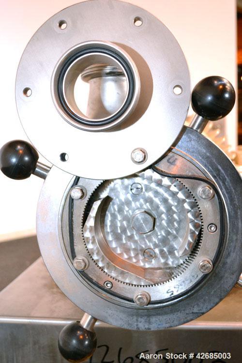Used Probst & Class PUC Colloid Mill, Type K160/E, 316 Stainless Steel. Approximate 5’’ diameter chamber with a manually adjustable rotor and stator. 3-3/4’’ Threaded inlet and outlet. Driven by a 20...