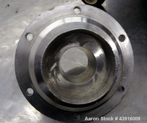 Used Silverson High Shear In-Line Mixer, Model 600LS, 316 Stainless Steel. Approximately 5-1/16” diameter square hole high shear screen work head, approximately 4-7/8” diameter rotor. Jacketed chambe...