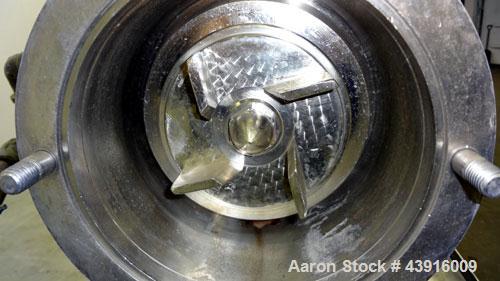 Used Silverson High Shear In-Line Mixer, Model 600LS, 316 Stainless Steel. Approximately 5-1/16” diameter square hole high shear screen work head, approximately 4-7/8” diameter rotor. Jacketed chambe...