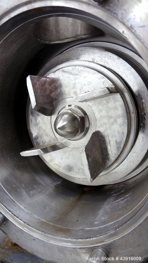 Used Silverson High Shear In-Line Mixer, Model 600LS, 316 Stainless Steel. Approximately 5-1/16” diameter square hole high shear screen work head, approximately 4-7/8” diameter rotor. Jacketed chambe...