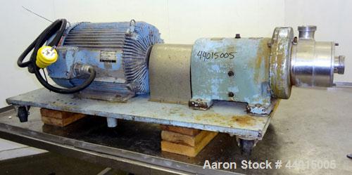 Used Waukesha Inline Shear Pump, Model SP4, 316 Stainless Steel.  Nominal capacity to 30 gallons per minute at 150 psi at 3600 rpm to 300 degrees F.  2-1/2” Threaded inlet/outlet.  Approximately 4-1/...