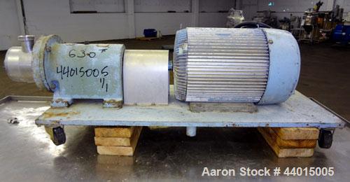 Used Waukesha Inline Shear Pump, Model SP4, 316 Stainless Steel.  Nominal capacity to 30 gallons per minute at 150 psi at 3600 rpm to 300 degrees F.  2-1/2” Threaded inlet/outlet.  Approximately 4-1/...