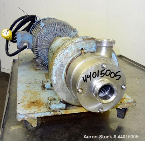 Used Waukesha Inline Shear Pump, Model SP4, 316 Stainless Steel.  Nominal capacity to 30 gallons per minute at 150 psi at 3600 rpm to 300 degrees F.  2-1/2” Threaded inlet/outlet.  Approximately 4-1/...
