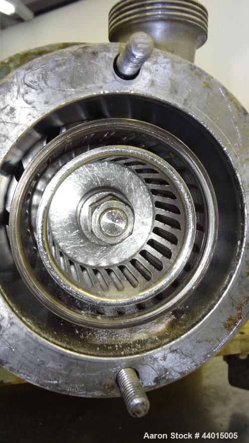Used Waukesha Inline Shear Pump, Model SP4, 316 Stainless Steel.  Nominal capacity to 30 gallons per minute at 150 psi at 3600 rpm to 300 degrees F.  2-1/2” Threaded inlet/outlet.  Approximately 4-1/...