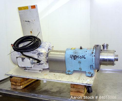 Used Waukesha Inline Shear Pump, Model SP4, 316 Stainless Steel.  Nominal capacity to 30 gallons per minute at 150 psi at 3600 rpm to 300 degrees F.  2-1/2” Threaded inlet/outlet.  Approximately 4-1/...