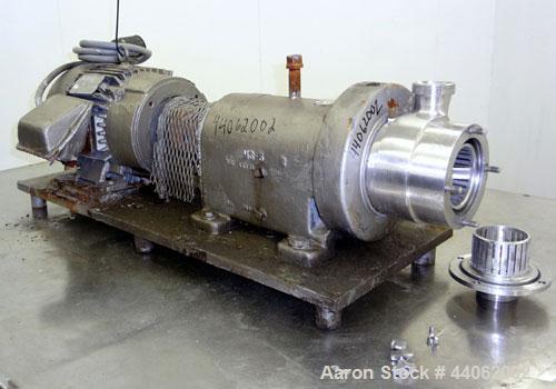 Used Waukesha Inline Shear Pump, Model SP4, 316 Stainless Steel. Nominal capacity to 30 gallons per minute at 150 psi at 3600 rpm to 300 degrees F. 2-1/2” Threaded inlet/outlet. Approximate 4-1/2” di...