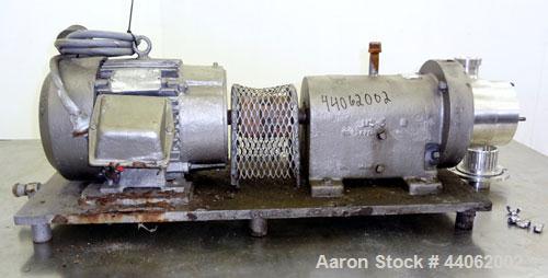 Used Waukesha Inline Shear Pump, Model SP4, 316 Stainless Steel. Nominal capacity to 30 gallons per minute at 150 psi at 3600 rpm to 300 degrees F. 2-1/2” Threaded inlet/outlet. Approximate 4-1/2” di...