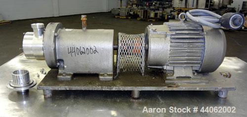 Used Waukesha Inline Shear Pump, Model SP4, 316 Stainless Steel. Nominal capacity to 30 gallons per minute at 150 psi at 3600 rpm to 300 degrees F. 2-1/2” Threaded inlet/outlet. Approximate 4-1/2” di...