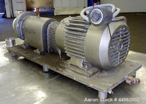 Used Waukesha Inline Shear Pump, Model SP4, 316 Stainless Steel. Nominal capacity to 30 gallons per minute at 150 psi at 3600 rpm to 300 degrees F. 2-1/2” Threaded inlet/outlet. Approximate 4-1/2” di...