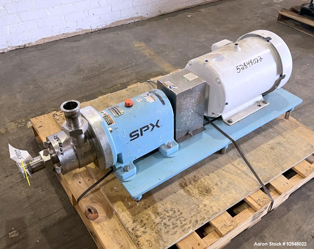 Used SPX Waukesha Shear Pump, Model SP4, 316 Stainless Steel. Nominal capacity 30 GPM (114 liters/min). Maximum housing pressure 150psi. Nominal speed 3600rpm. 2" inlet and outlet. Driven by a 20hp, ...