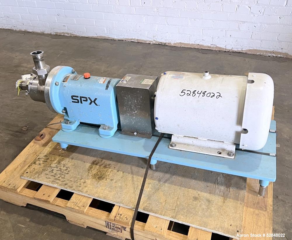 Used SPX Waukesha Shear Pump, Model SP4, 316 Stainless Steel. Nominal capacity 30 GPM (114 liters/min). Maximum housing pressure 150psi. Nominal speed 3600rpm. 2" inlet and outlet. Driven by a 20hp, ...
