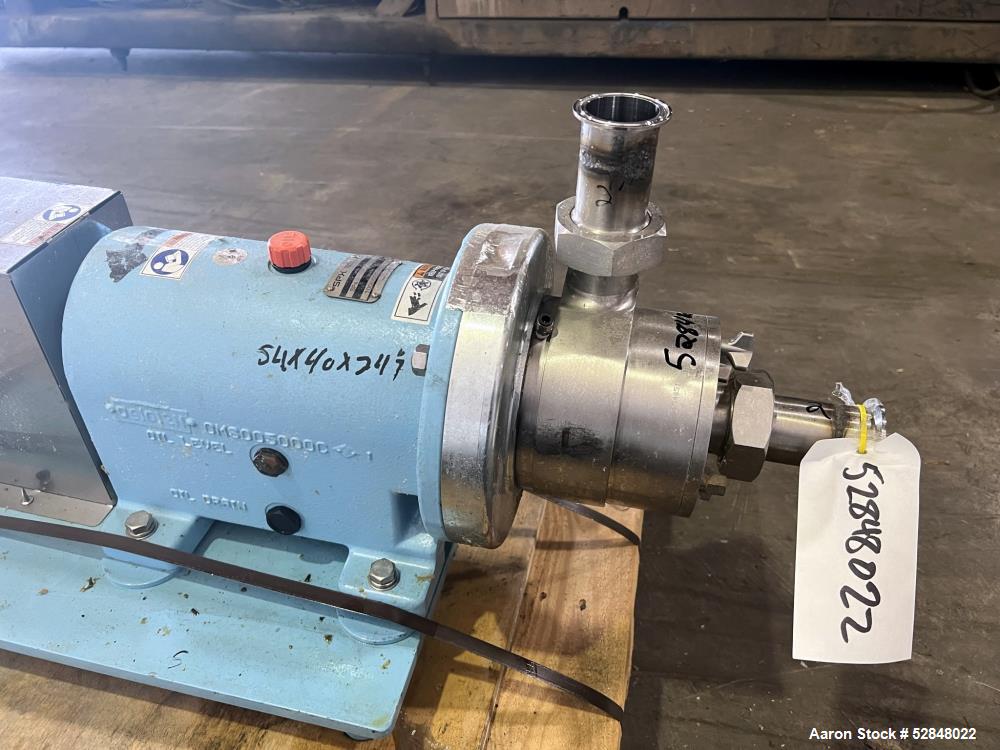 Used SPX Waukesha Shear Pump, Model SP4, 316 Stainless Steel. Nominal capacity 30 GPM (114 liters/min). Maximum housing pressure 150psi. Nominal speed 3600rpm. 2" inlet and outlet. Driven by a 20hp, ...