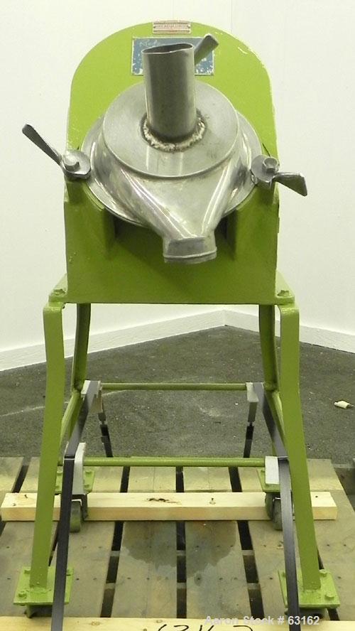 Used Rietz Angle Disintegrator, Model RADK-4, Stainless Steel. 4" Diameter rotor, 3" inlet and discharge, 1.5/7.5 hp motor 3/60/220 volt, 3490-1750 rpm, belt driven motor, 4:1 reduction giving speeds...