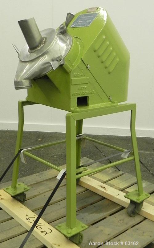 Used Rietz Angle Disintegrator, Model RADK-4, Stainless Steel. 4" Diameter rotor, 3" inlet and discharge, 1.5/7.5 hp motor 3/60/220 volt, 3490-1750 rpm, belt driven motor, 4:1 reduction giving speeds...