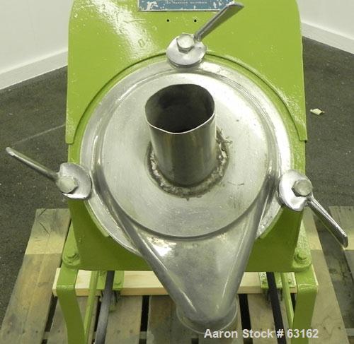 Used Rietz Angle Disintegrator, Model RADK-4, Stainless Steel. 4" Diameter rotor, 3" inlet and discharge, 1.5/7.5 hp motor 3/60/220 volt, 3490-1750 rpm, belt driven motor, 4:1 reduction giving speeds...