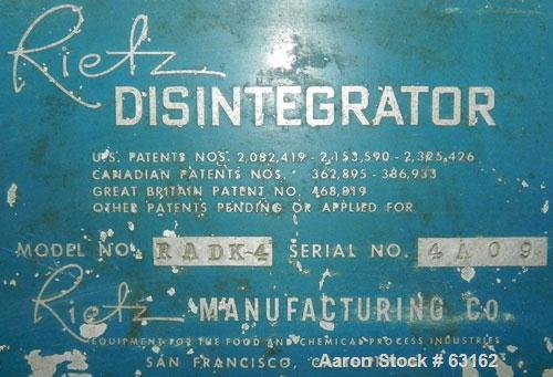 Used Rietz Angle Disintegrator, Model RADK-4, Stainless Steel. 4" Diameter rotor, 3" inlet and discharge, 1.5/7.5 hp motor 3/60/220 volt, 3490-1750 rpm, belt driven motor, 4:1 reduction giving speeds...