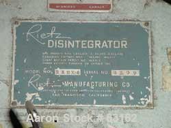 Used Rietz Angle Disintegrator, Model RADK-4, Stainless Steel. 4" Diameter rotor, 3" inlet and discharge, 1.5/7.5 hp motor 3/60/220 volt, 3490-1750 rpm, belt driven motor, 4:1 reduction giving speeds...