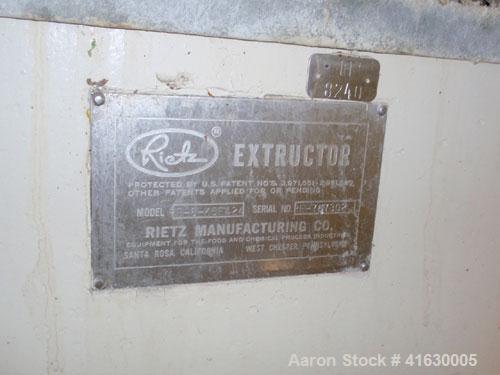 Used Rietz Extructor, Model RE6 K5F42, Stainless Steel. 6" diameter x 36" long screw, jacketed barrel, 5" x 6" feed section, driven by a 10 hp, 220/440 volt, Reeves variable speed motor. Includes an ...