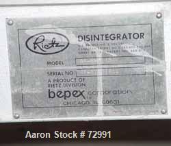 Used Bepex Rietz Manufacturing Angle Disintegrator, Model RP-6-K115, Stainless Steel. 6" diameter x 2-1/4" deep cutting chamber with a 12 knife rotor with 360 degree screen. Single band clamp cover w...