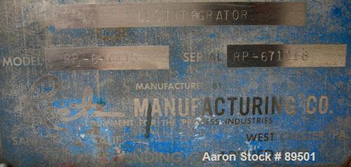 USED: Reitz angle disintegrator, model RP-6-K115, 304 stainless steel. 6" diameter x 2" deep cutting chamber with 2 knife rotors, 360 degree screen, approximate 1/8" diameter screen holes. Single ban...