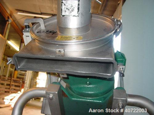 Used Rietz Disintegrator, model RP6K115, stainless steel. 5 1/2" infeed throat, 12" x 9" deep clamp down funnel style feed. (1) 2 blade knife edge blade, (3) sets 4 blade blunt edge knife. 13 1/2" x ...