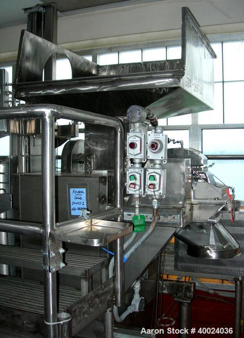 Used Fitzpatrick Fitzmill, Model DASO6, stainless steel. (16) double impact fixed blades, driven by an approximatetly 7.5hp XP motor, 4" diameter x 18" long screw feed, driven by an approximately 1/4...
