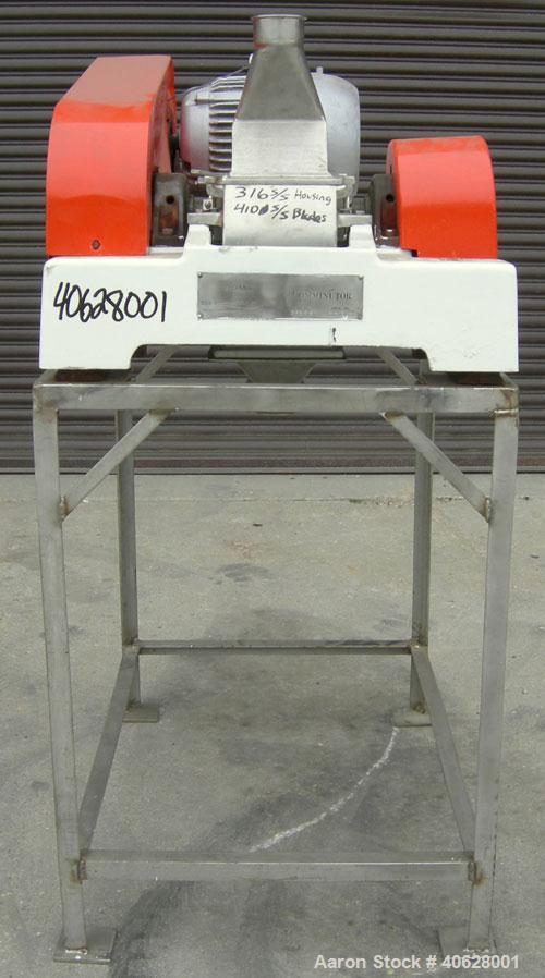 Used Fitzpatrick Fitzmill, Model DASO6, 316 stainless steel. 16 fixed double impact 410 stainless steel blades. 6" x 11" cutting chamber, gravity feed throat with a 2 7/8" tri clamp opening, no botto...
