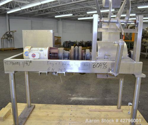 Used Fitzpatrick GuiloRiver, Model 14LX14D, 304 Stainless Steel. 14 Diameter x 14 wide rotor with riving pins. Hinged cover with pelican feed hopper, hinged bottom discharge. Driven by a 5hp, 3/60/20...