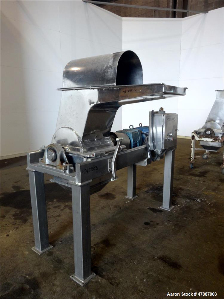 Used Fitzpatrick GuiloRiver, Model 14LX14D, 304 Stainless Steel. 14" Diameter x 14" wide rotor with riving pins. 16" x 15" Feed with a hinged pelican feed hopper, hinged bottom discharge with approxi...