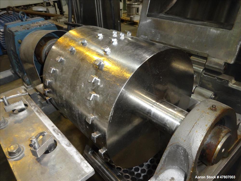 Used Fitzpatrick GuiloRiver, Model 14LX14D, 304 Stainless Steel. 14" Diameter x 14" wide rotor with riving pins. 16" x 15" Feed with a hinged pelican feed hopper, hinged bottom discharge with approxi...