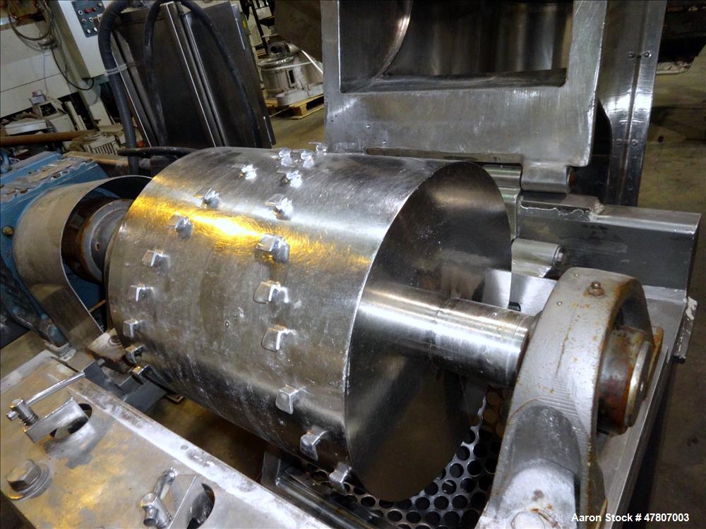 Used Fitzpatrick GuiloRiver, Model 14LX14D, 304 Stainless Steel. 14" Diameter x 14" wide rotor with riving pins. 16" x 15" Feed with a hinged pelican feed hopper, hinged bottom discharge with approxi...