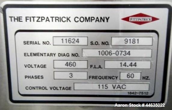 Used Fitzpatrick Fitzmill, Model D6A. 316 Stainless steel product contact surfaces, 304 stainless steel non product contact surfaces, cantilevered design, mirror internal finish, fixed blades with 7....
