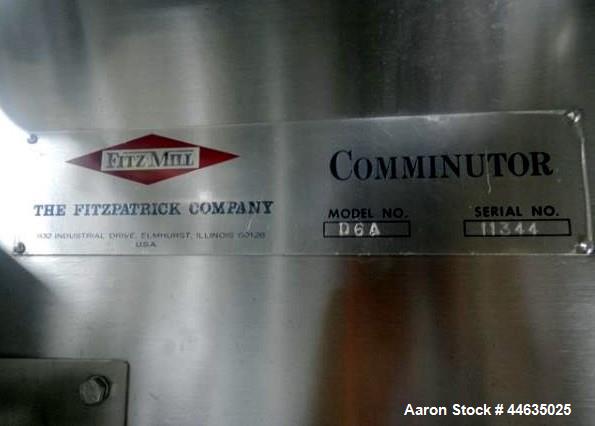 Used Fitzpatrick Fitzmill, Model D6A. 316 Stainless steel product contact surfaces, 304 stainless steel non product contact surfaces, cantilevered design, mirror internal finish, fixed blades with dr...