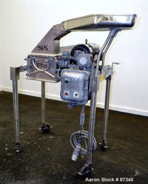 Used Fitzpatrick Fitzmill, Model D6A, 316 Stainless Steel. (16) Fixed knife/impact blades. 6" x 11" Cutting chamber, no bottom screen. Gravity feed throat with pan. Driven by a 5 hp, 3/60/230/460 vol...