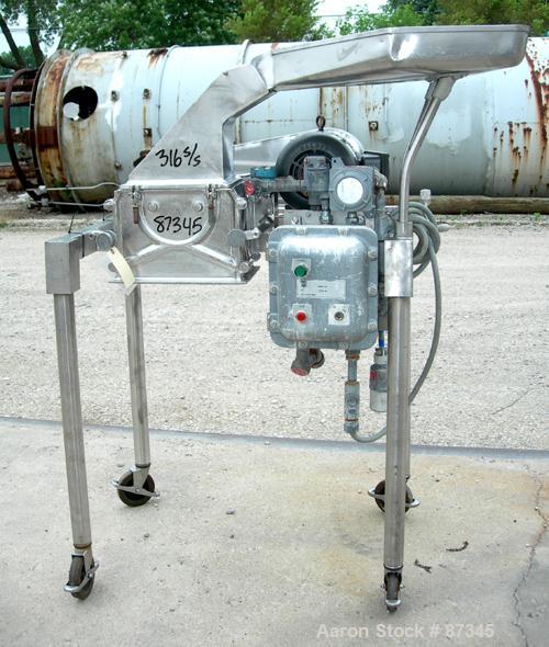 Used Fitzpatrick Fitzmill, Model D6A, 316 Stainless Steel. (16) Fixed knife/impact blades. 6" x 11" Cutting chamber, no bottom screen. Gravity feed throat with pan. Driven by a 5 hp, 3/60/230/460 vol...