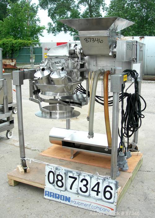 Used Fitzpatrick Fitzmill, Model D6A, 316 Stainless Steel. (16) Fixed knife/impact blades, 6" x 11" cutting chamber with bottom screen. 4" Diameter x 16" long screw feed with hopper, driven by a 1/4 ...