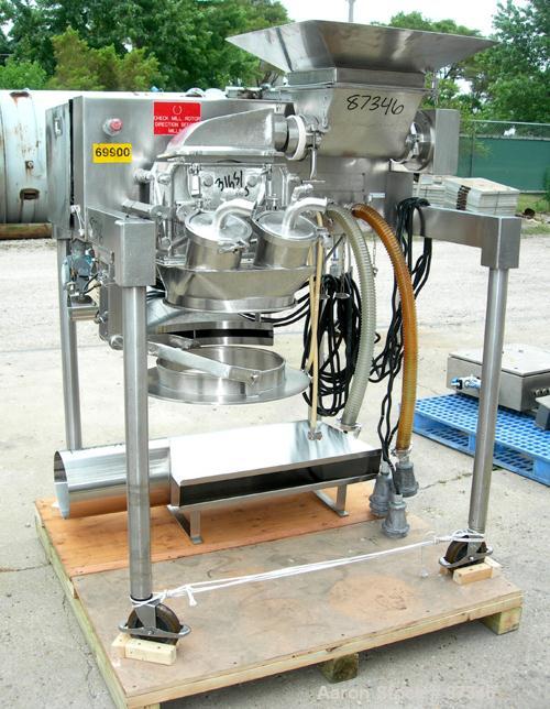 Used Fitzpatrick Fitzmill, Model D6A, 316 Stainless Steel. (16) Fixed knife/impact blades, 6" x 11" cutting chamber with bottom screen. 4" Diameter x 16" long screw feed with hopper, driven by a 1/4 ...