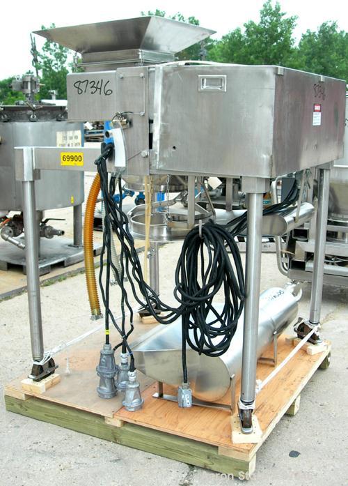 Used Fitzpatrick Fitzmill, Model D6A, 316 Stainless Steel. (16) Fixed knife/impact blades, 6" x 11" cutting chamber with bottom screen. 4" Diameter x 16" long screw feed with hopper, driven by a 1/4 ...