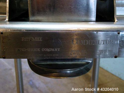 Used Fitzpatrick Fitzmill, Model DASO6, Stainless Steel. (16) Fixed impact/knife blades. 6" x 11" Cutting chamber, gravity feed throat with pan. No bottom screen. Driven by a 10 hp motor. Mounted on ...