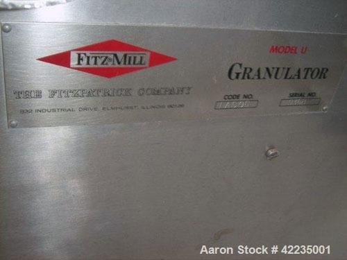 Used Fitzpatrick Fitzmill, Model U, Code DASO6, Stainless Steel. (16) Impact/knife fixed blades. 11" x 13" cutting chamber. Approximate 6" diameter screw feed with hopper, driven by a variable speed ...