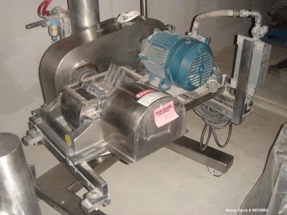 Used Fitzpatrick Fitzmill, Model DASO6, Stainless Steel. Knife/impact fixed blades. Mounted on a base and pedestal with a 7.5hp, 230/460 volt, 1750 rpm XP motor. Gravity feed throat, missing feed pan...