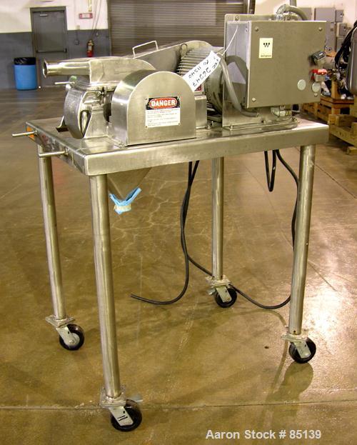 Used Fitzpatrick Fitzmill, Model DASO6, Stainless Steel. Fixed knives, air swept feed, 7.5 hp, 230/460 volt main drive. Mounted on legs with casters.