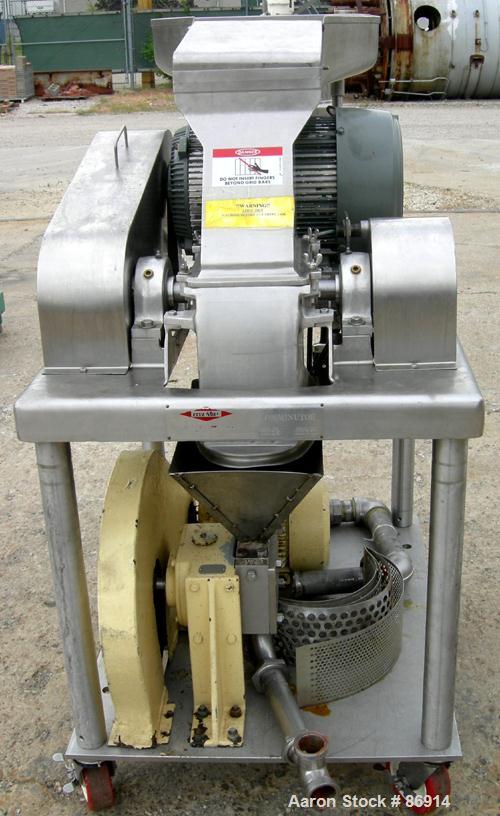 USED: Fitzpatrick Fitzmill, model DASO6, stainless steel. (16) 410 stainless steel fixed hook knife/impact blades. 6" x 11" cutting chamber with bottom screen. Gravity feed feed throat with pan. Driv...