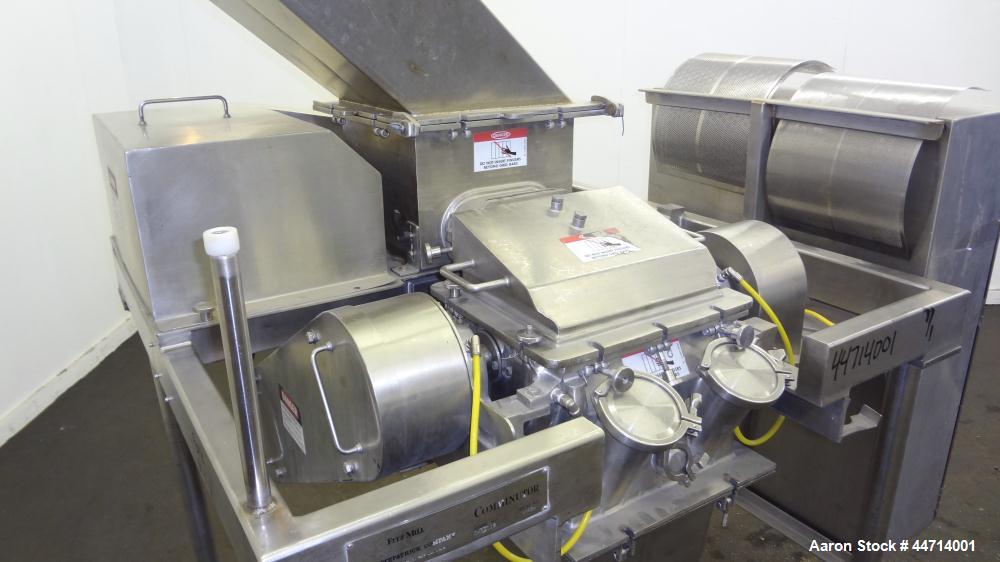 Used Fitzpatrick Fitzmill, Model DKASO12, 316 Stainless Steel. (32) Impact/knife fixed 410 stainless steel blades, 11" x 13" cutting chamber. (2) 4" Diameter x 20" long screw feed with hopper, driven...