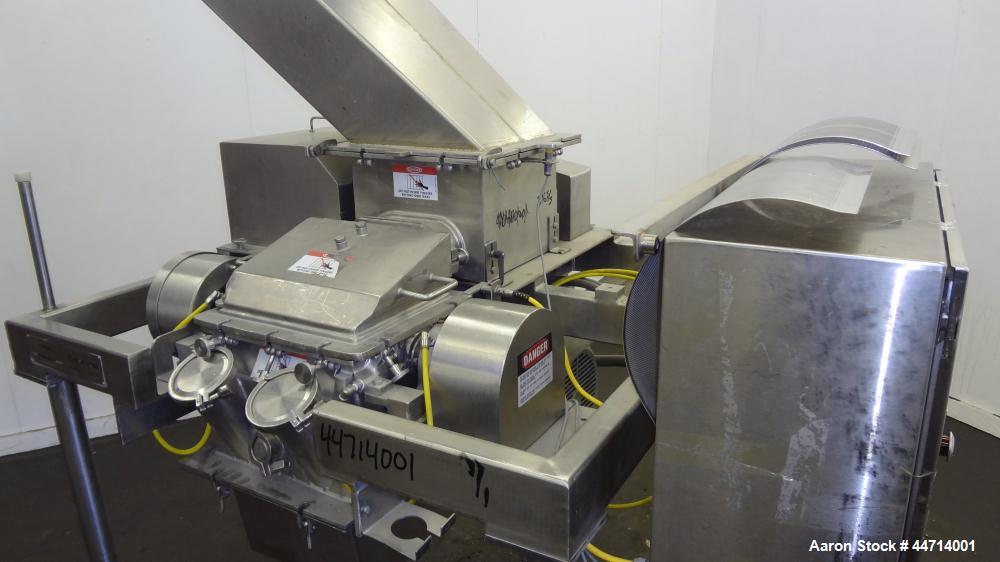 Used Fitzpatrick Fitzmill, Model DKASO12, 316 Stainless Steel. (32) Impact/knife fixed 410 stainless steel blades, 11" x 13" cutting chamber. (2) 4" Diameter x 20" long screw feed with hopper, driven...