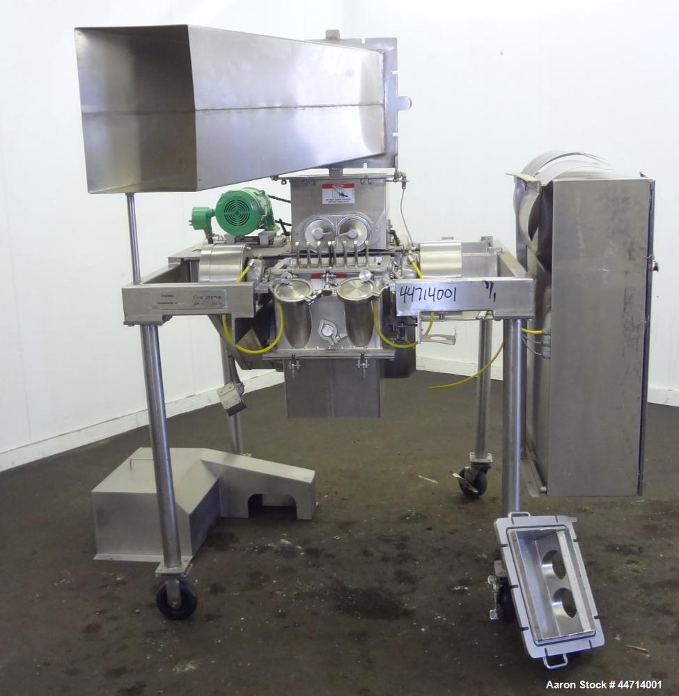Used Fitzpatrick Fitzmill, Model DKASO12, 316 Stainless Steel. (32) Impact/knife fixed 410 stainless steel blades, 11" x 13" cutting chamber. (2) 4" Diameter x 20" long screw feed with hopper, driven...