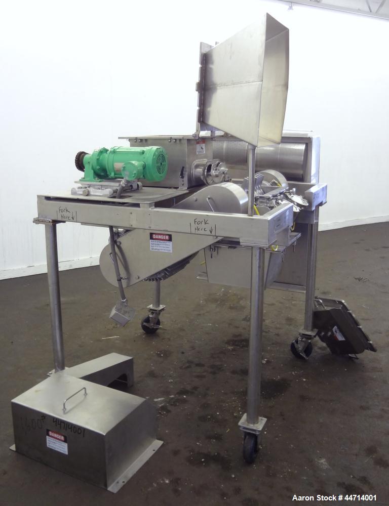 Used Fitzpatrick Fitzmill, Model DKASO12, 316 Stainless Steel. (32) Impact/knife fixed 410 stainless steel blades, 11" x 13" cutting chamber. (2) 4" Diameter x 20" long screw feed with hopper, driven...
