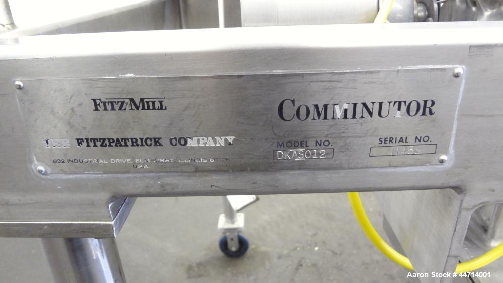 Used Fitzpatrick Fitzmill, Model DKASO12, 316 Stainless Steel. (32) Impact/knife fixed 410 stainless steel blades, 11" x 13" cutting chamber. (2) 4" Diameter x 20" long screw feed with hopper, driven...
